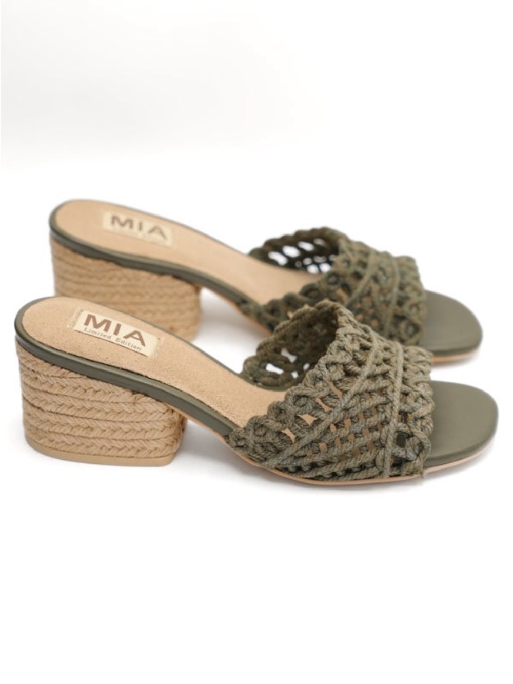 MIA Olive Crochet Espadrille Block Heel Mules- NIB